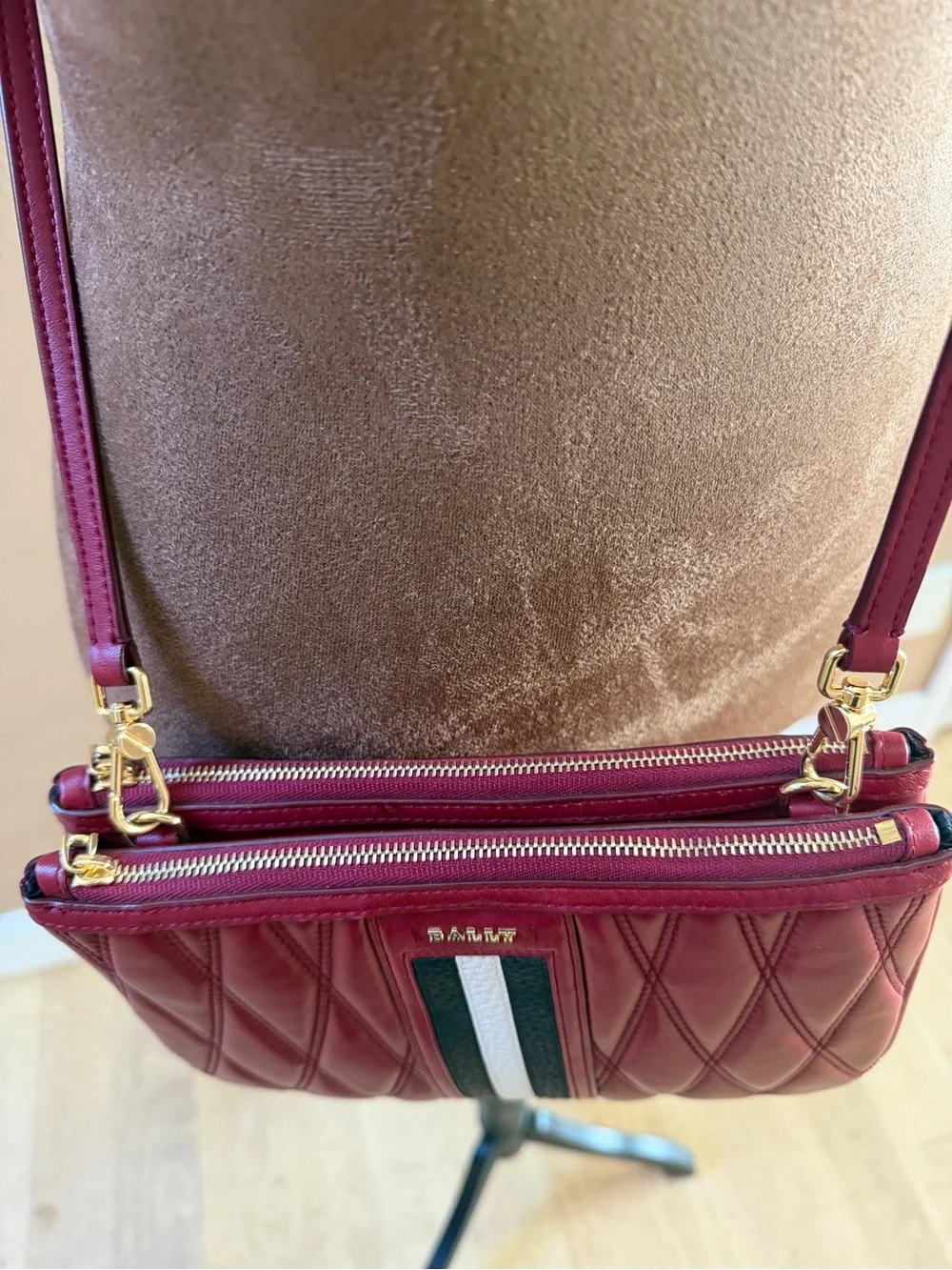 Bally Drice Burgundy Quilted Leather Crossbody with Signature Stripe